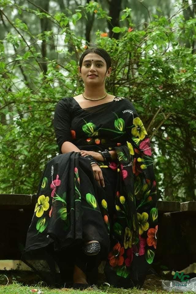 Exquisite Hand-Painted Black Couple Saree and Panjabi Set for Traditional Events