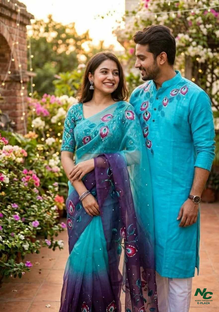 Exquisite Hand-Painted Green Couple Saree and Panjabi Set for Traditional Events