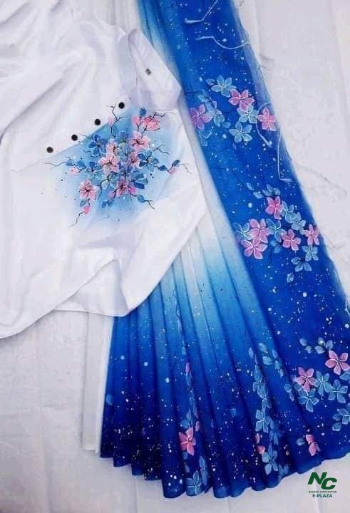Exquisite Hand-Painted White Blue Couple Saree and Panjabi Set for Traditional Events
