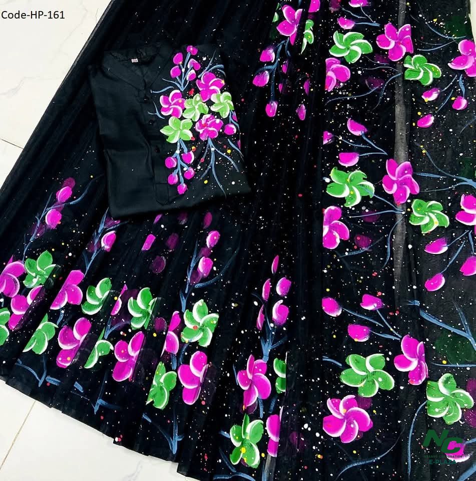 Exquisite Hand-Painted Black Couple Saree and Panjabi Set - Neango Corporation