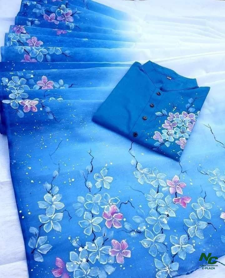 Exquisite Hand-Painted White Blue White Couple Saree and Panjabi Set for Traditional Events - Neango Corporation