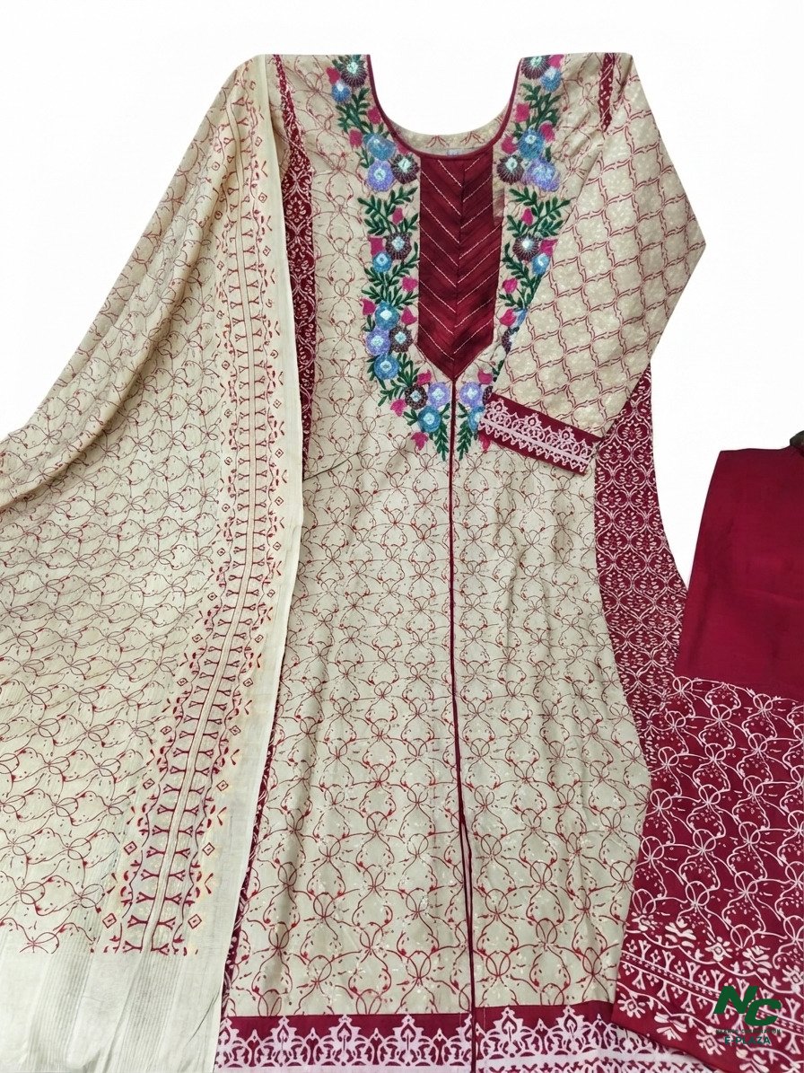 Cream & Maroon Printed Embroidered 3-Piece Suit - Neango Corporation
